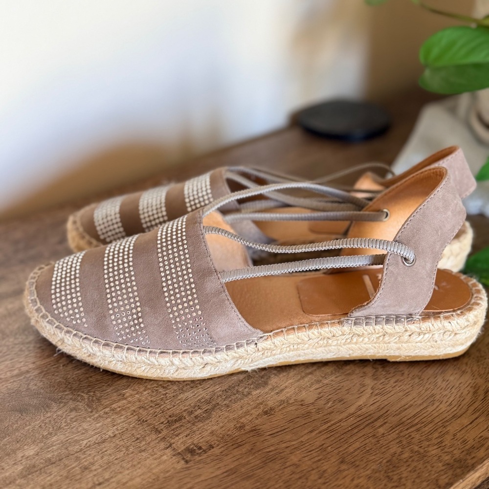 Kanna Espadrille Sandals Women 39 Taupe Suede Rhinestone Studded Slingback Spain - Picture 2 of 8